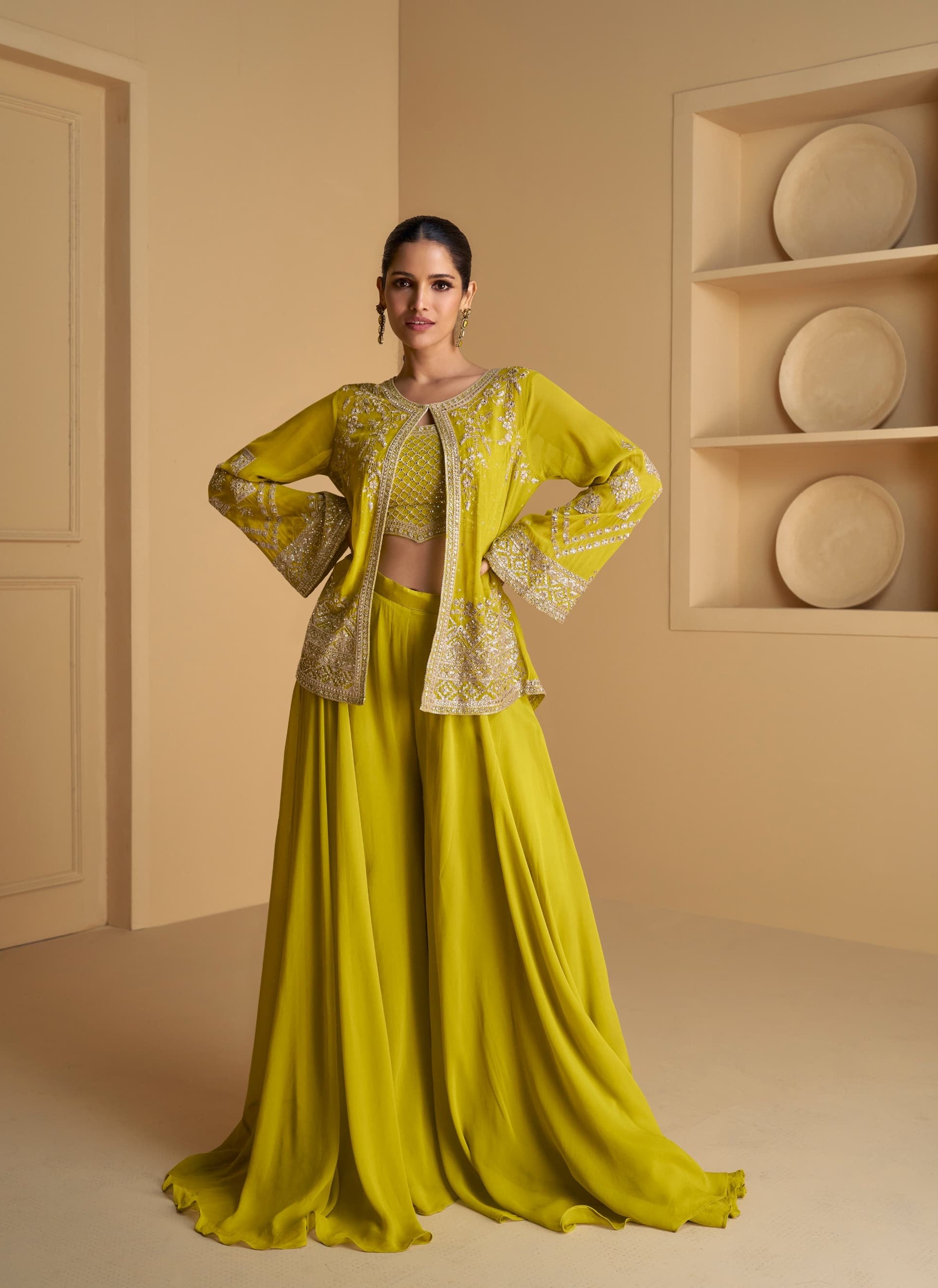 Wedding Wear Yellow Real Georgette Embroidered Jacket Style Palazzo Se