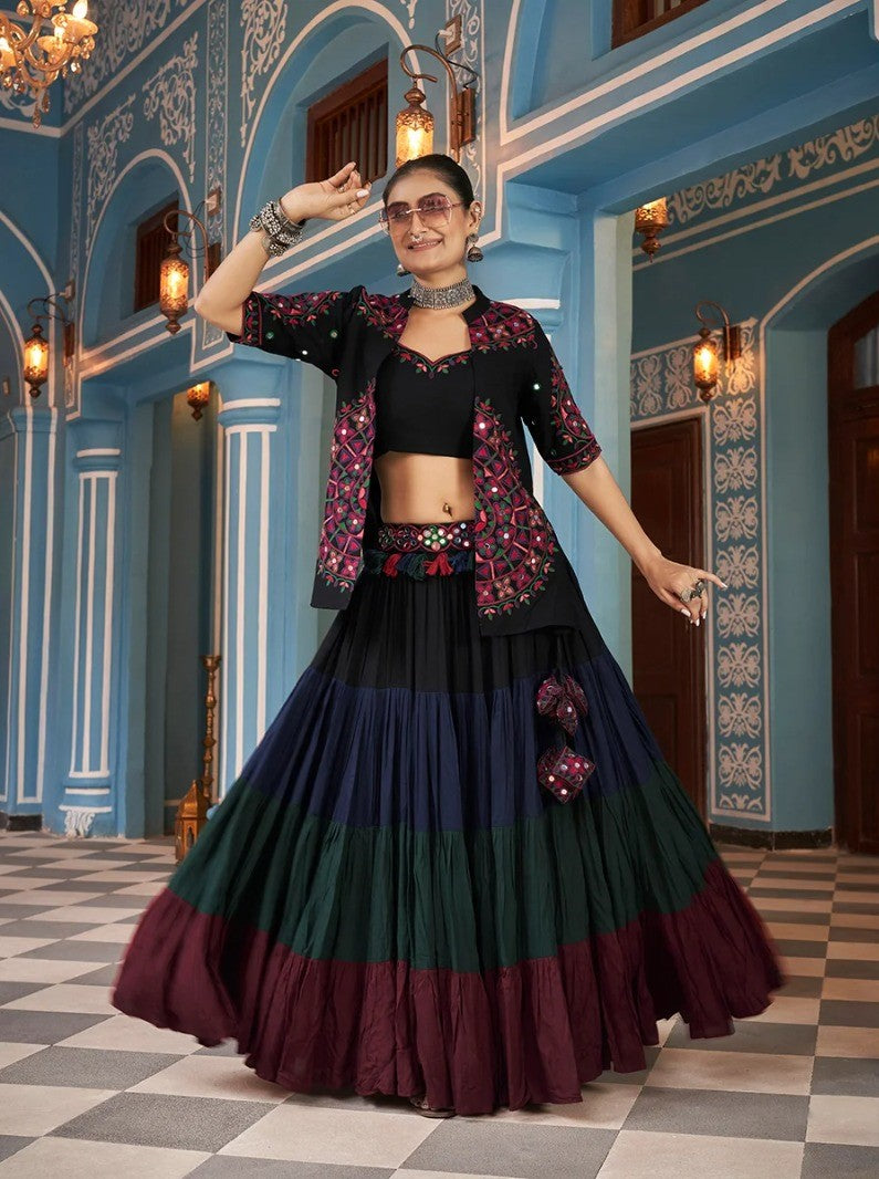 Garba Night Rayon Embroidered Lehenga Choli with Black Jacket