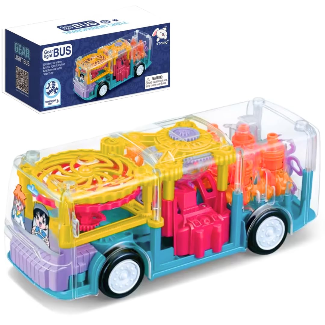 3D Gear Transparent Bus Toy with Lights & Music – 360° Auto-Rotating Car for Kids