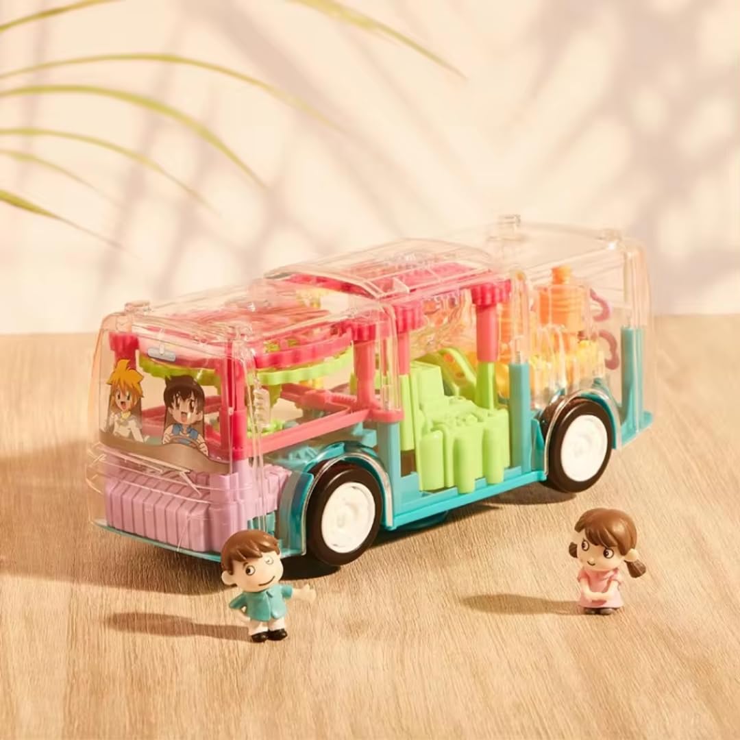 3D Gear Transparent Bus Toy with Lights & Music – 360° Auto-Rotating Car for Kids