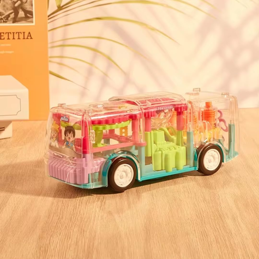 3D Gear Transparent Bus Toy with Lights & Music – 360° Auto-Rotating Car for Kids