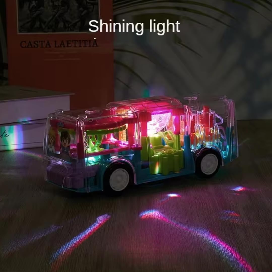 3D Gear Transparent Bus Toy with Lights & Music – 360° Auto-Rotating Car for Kids