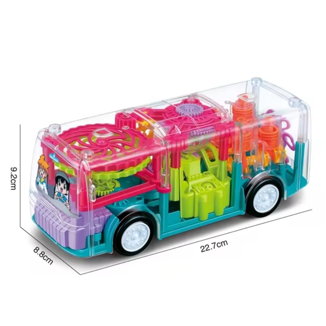 3D Gear Transparent Bus Toy with Lights & Music – 360° Auto-Rotating Car for Kids