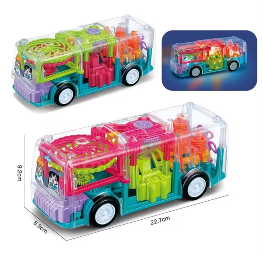 3D Gear Transparent Bus Toy with Lights & Music – 360° Auto-Rotating Car for Kids