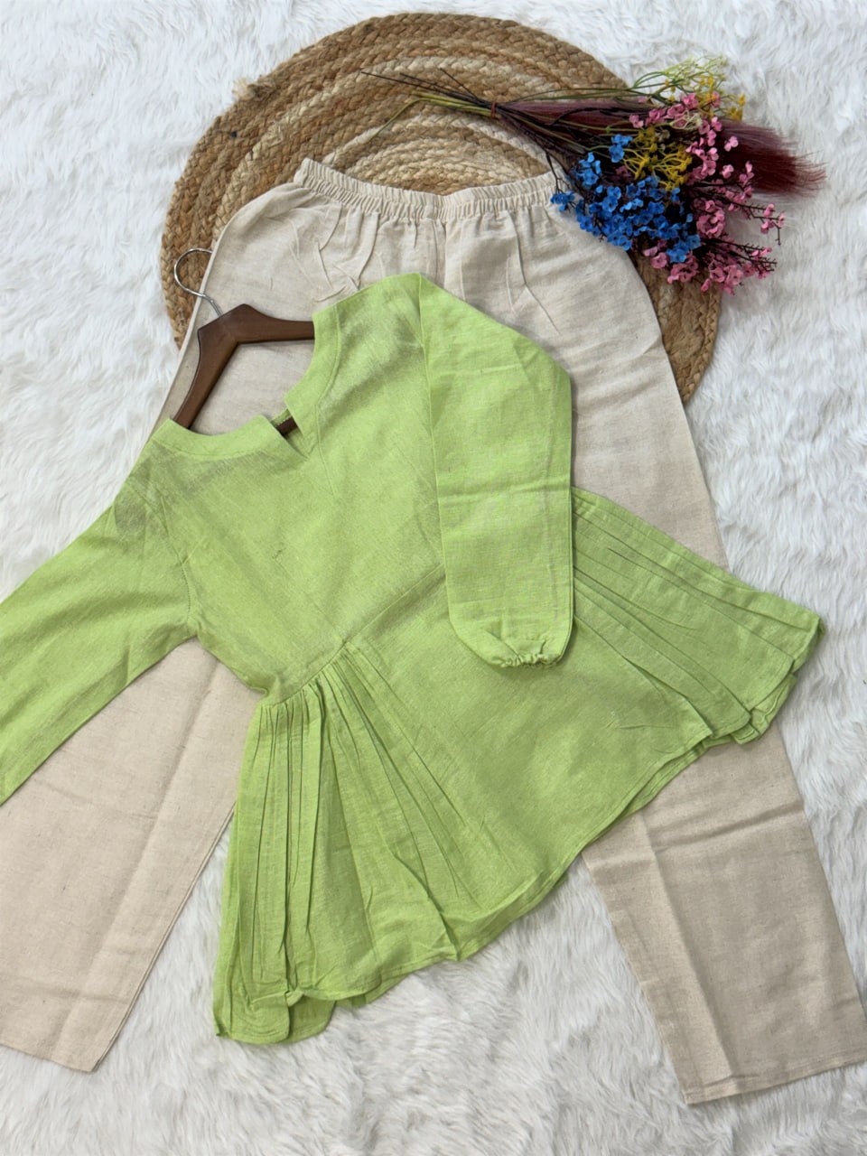 Festiwo Linen Cotton Co Ord Set for Women Frill Top Pant Summe Pista Outfit