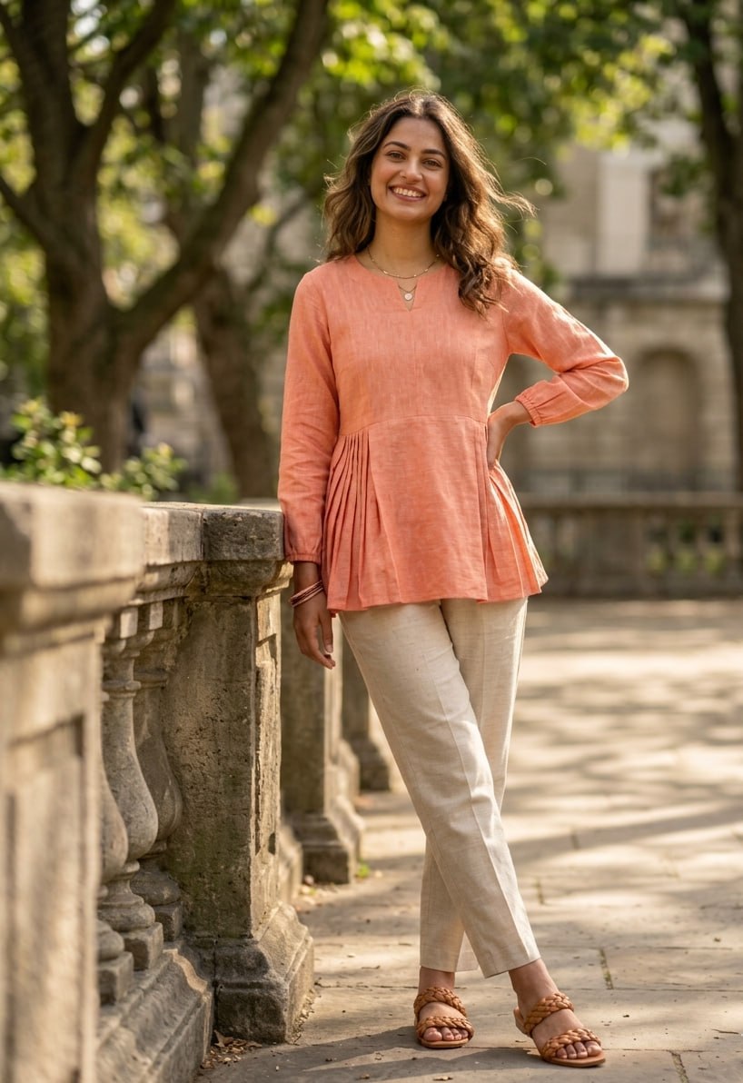 Festiwo Linen Cotton Co Ord Set for Women Frill Top Pant Summe Peach Outfit