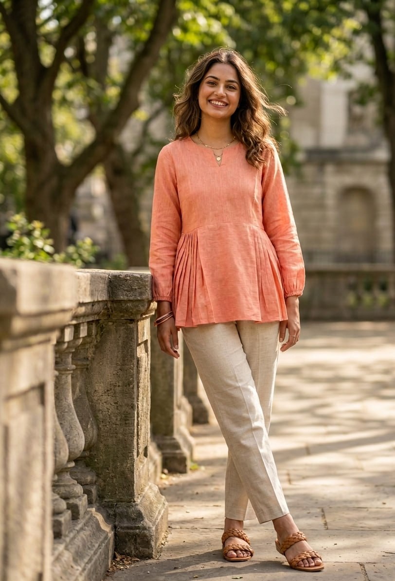 Festiwo Linen Cotton Co Ord Set for Women Frill Top Pant Summe Peach Outfit