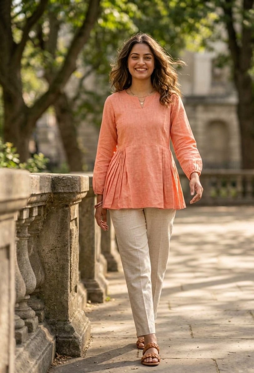 Festiwo Linen Cotton Co Ord Set for Women Frill Top Pant Summe Peach Outfit