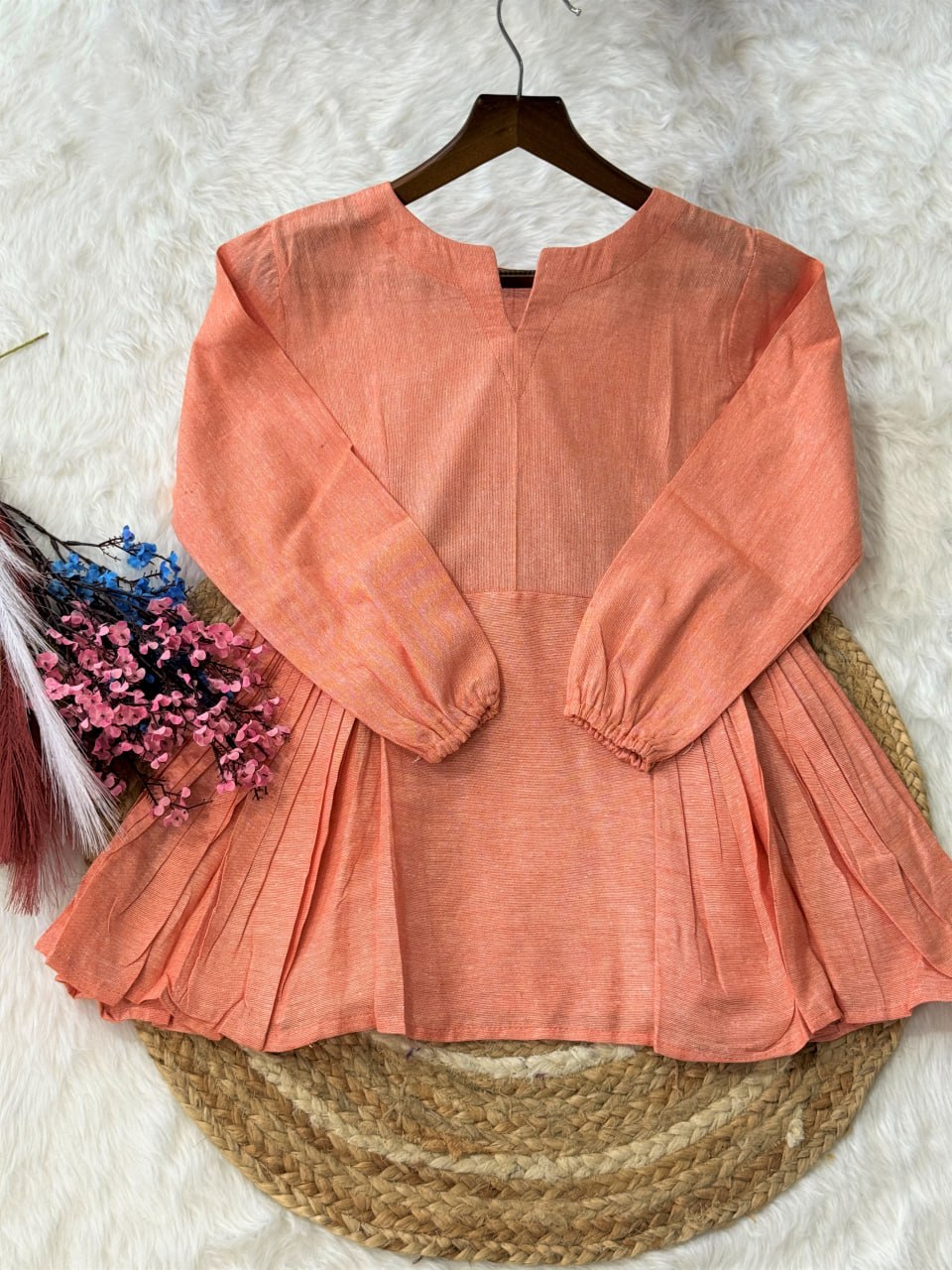 Festiwo Linen Cotton Co Ord Set for Women Frill Top Pant Summe Peach Outfit