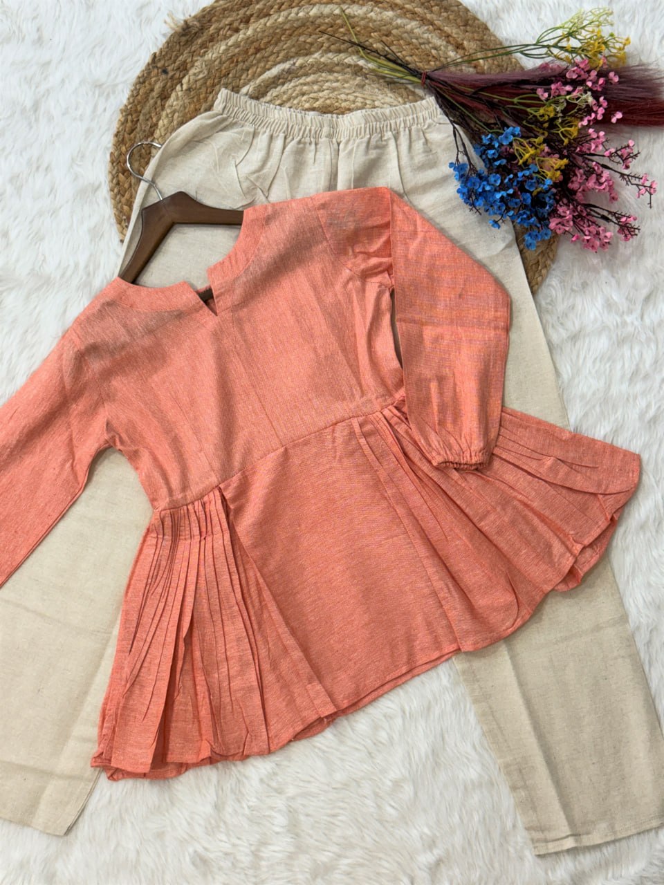 Festiwo Linen Cotton Co Ord Set for Women Frill Top Pant Summe Peach Outfit