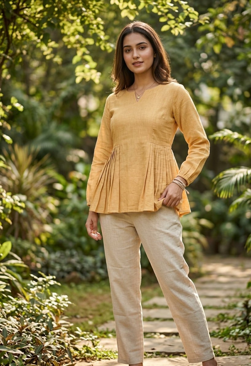 Festiwo Linen Cotton Co Ord Set for Women Frill Top Pant Summe Light Yellow Outfit