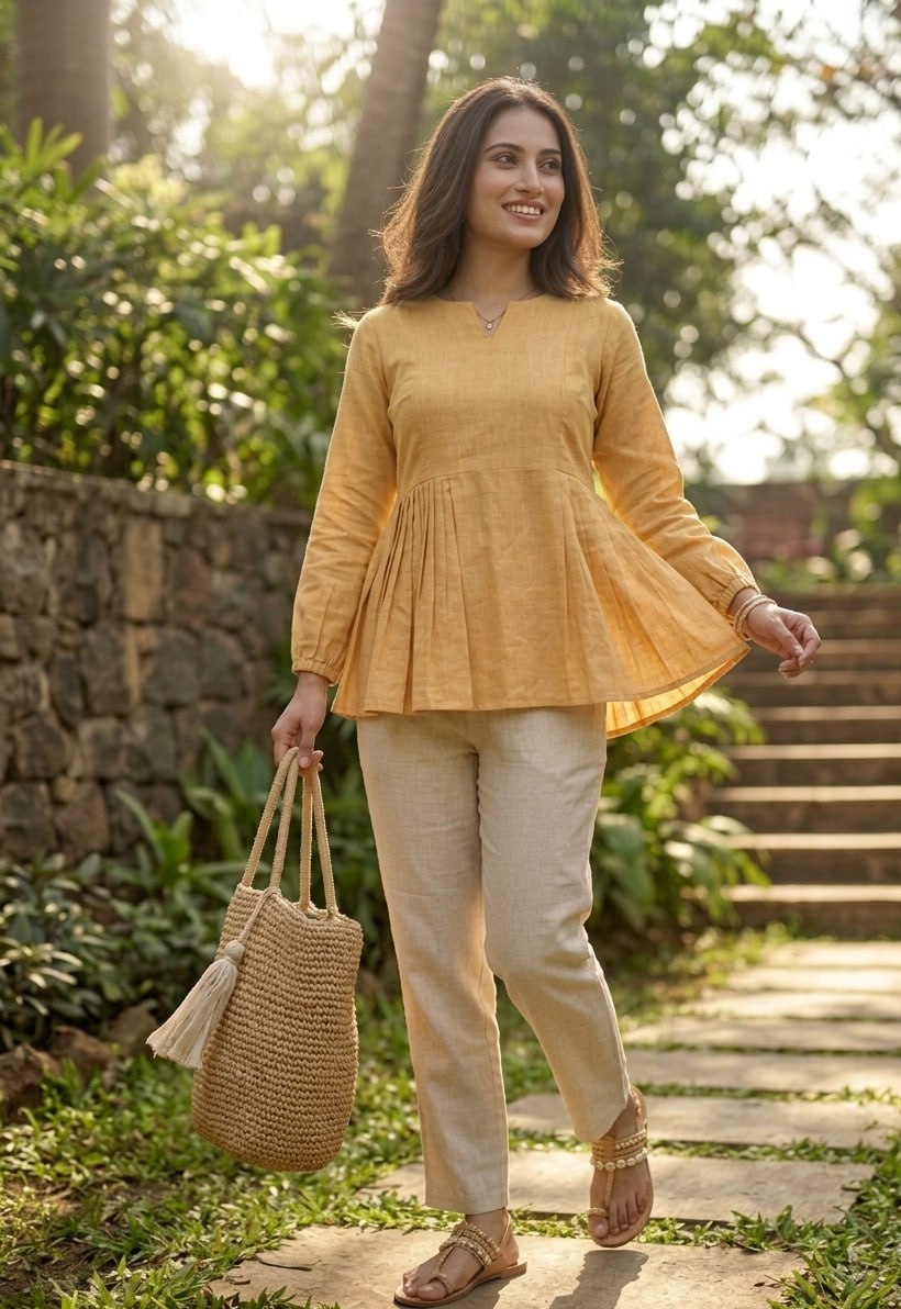 Festiwo Linen Cotton Co Ord Set for Women Frill Top Pant Summe Light Yellow Outfit