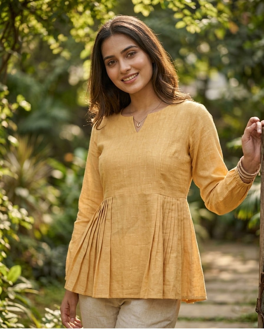 Festiwo Linen Cotton Co Ord Set for Women Frill Top Pant Summe Light Yellow Outfit