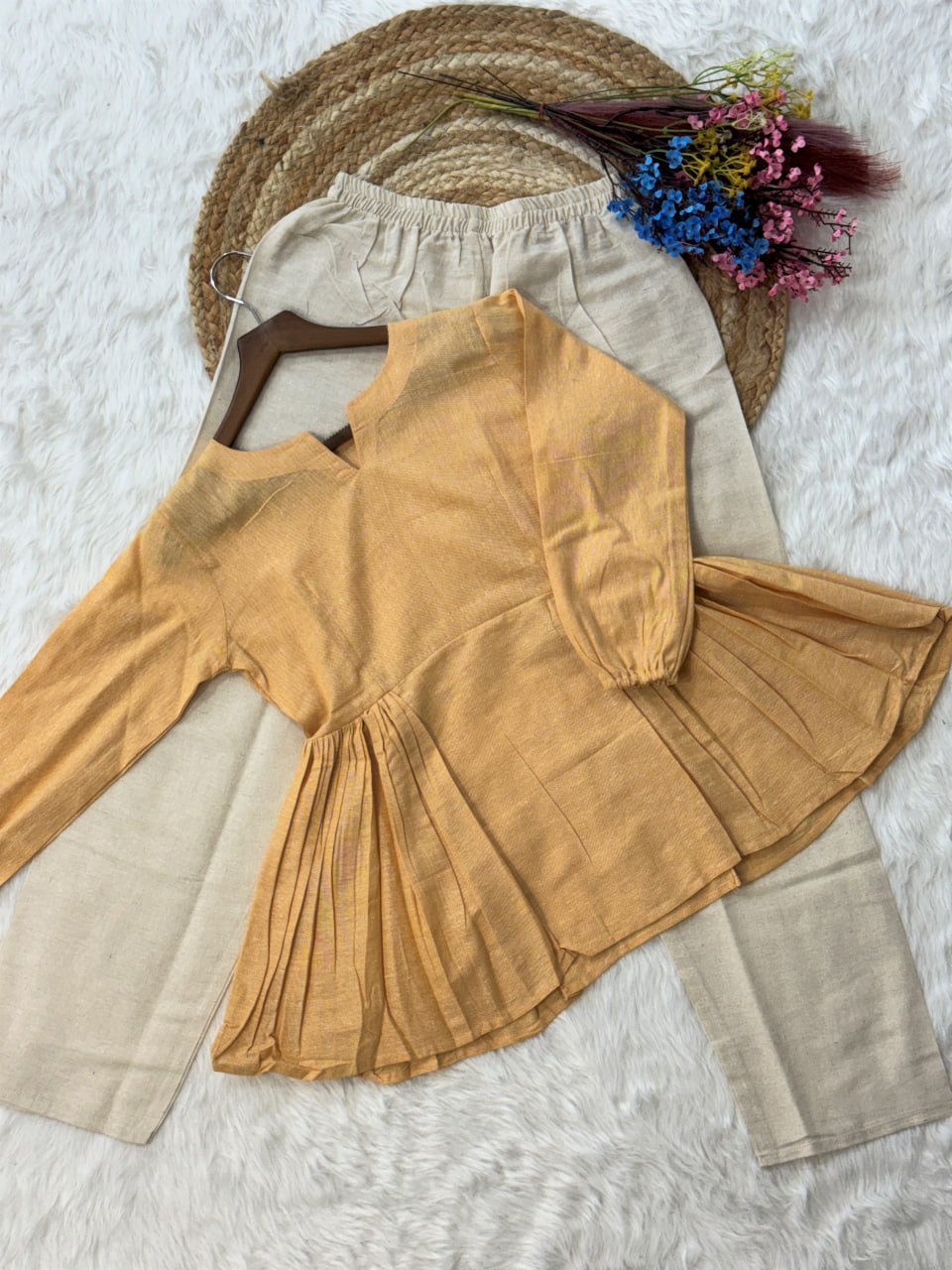 Festiwo Linen Cotton Co Ord Set for Women Frill Top Pant Summe Light Yellow Outfit