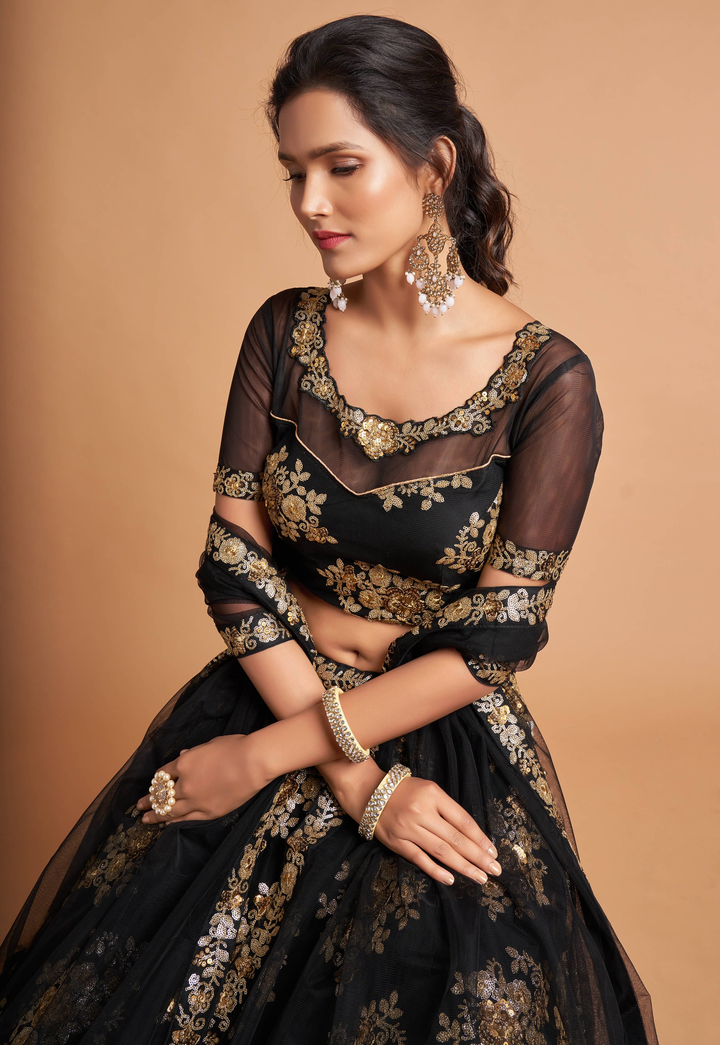 Black Soft Net Lehenga Set with Zari and Multi Sequins Embroidery