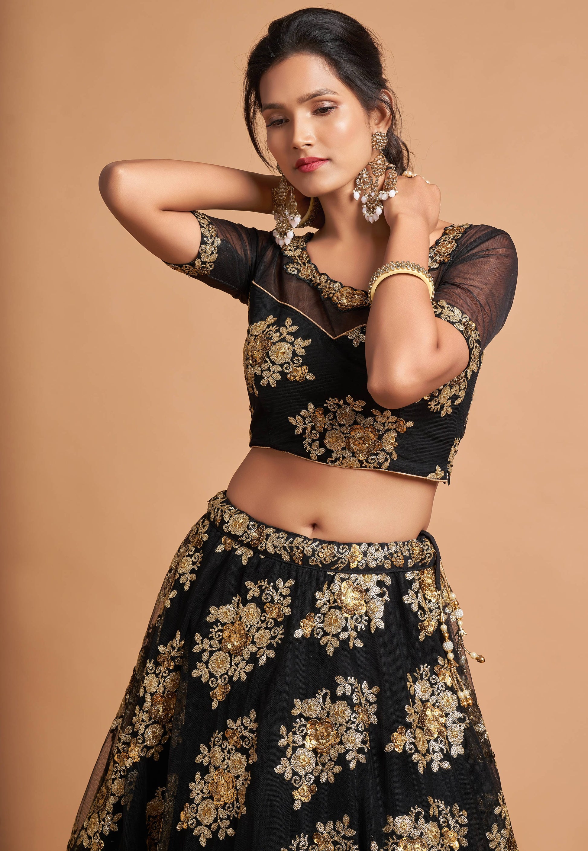 Black Soft Net Lehenga Set with Zari and Multi Sequins Embroidery