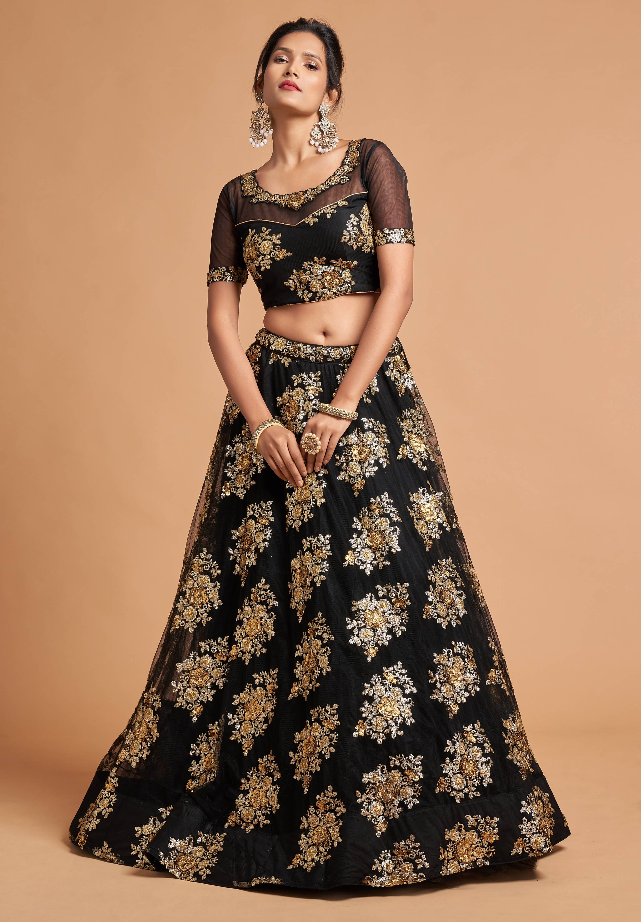 Black Soft Net Lehenga Set with Zari and Multi Sequins Embroidery