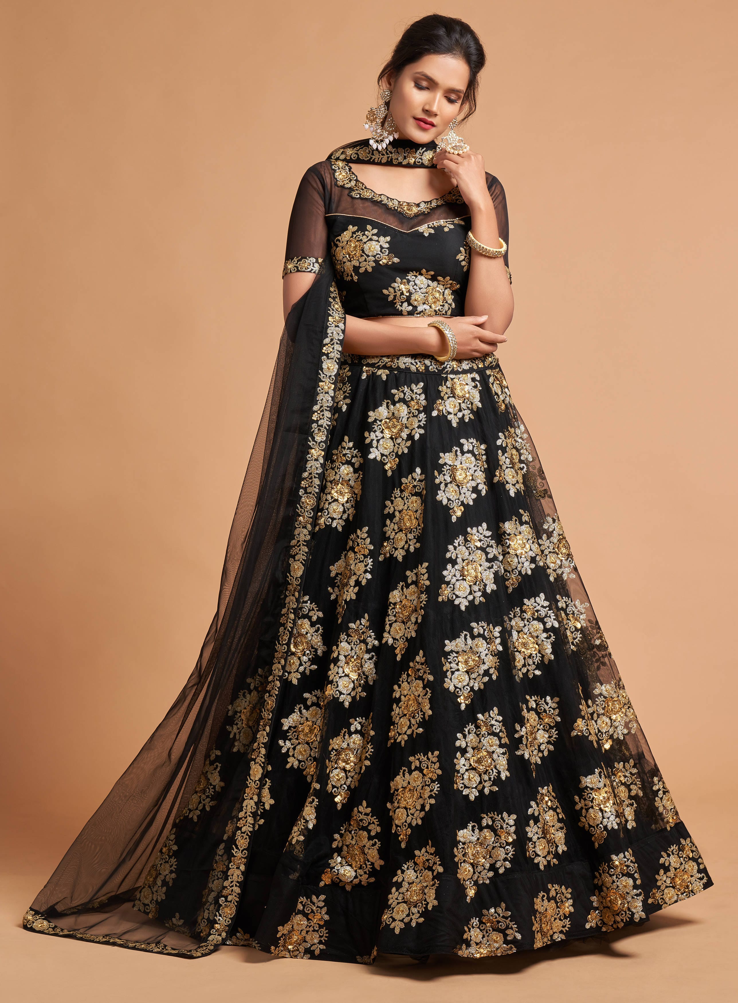 Black Soft Net Lehenga Set with Zari and Multi Sequins Embroidery