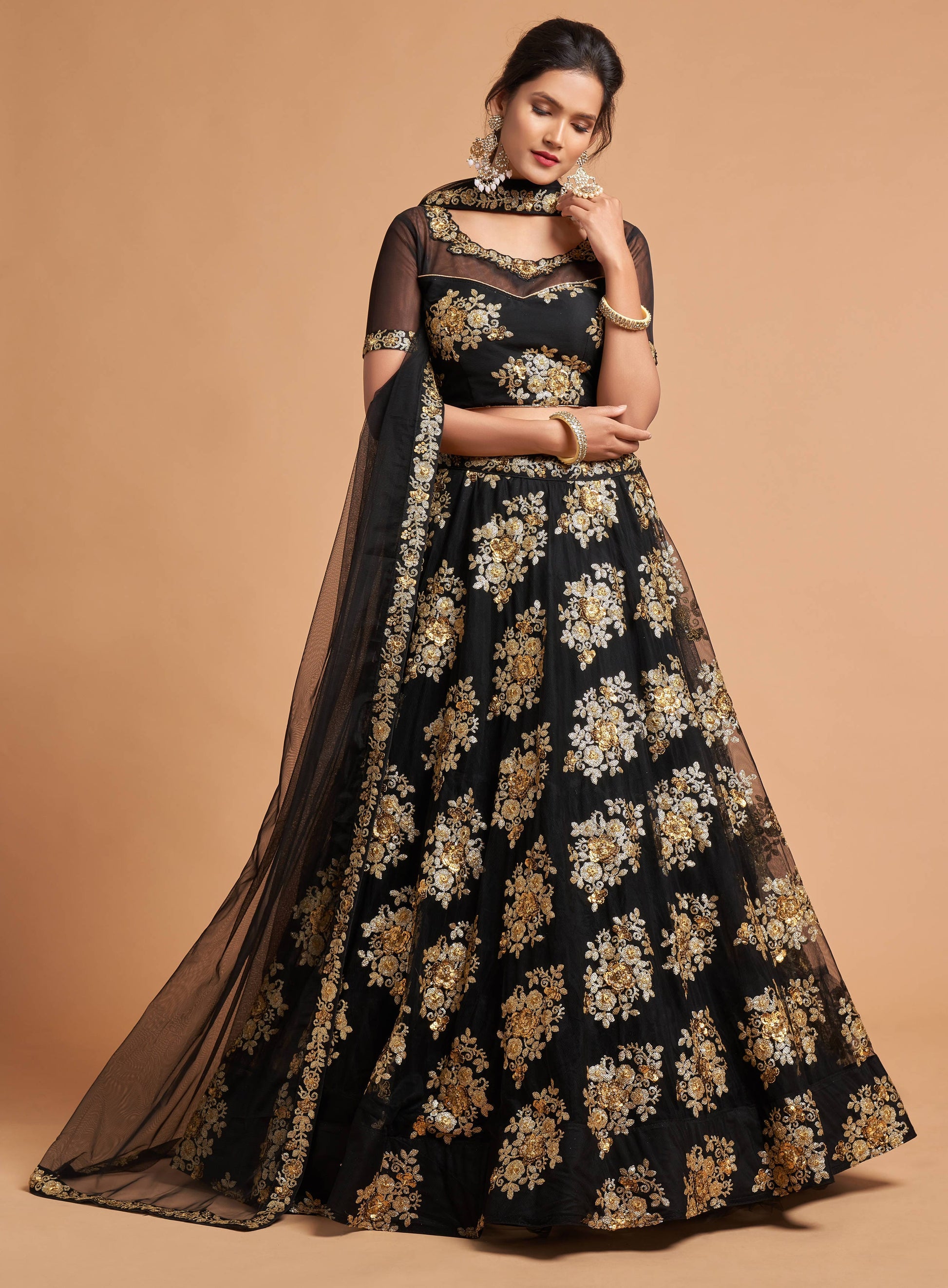 Black Soft Net Lehenga Set with Zari and Multi Sequins Embroidery