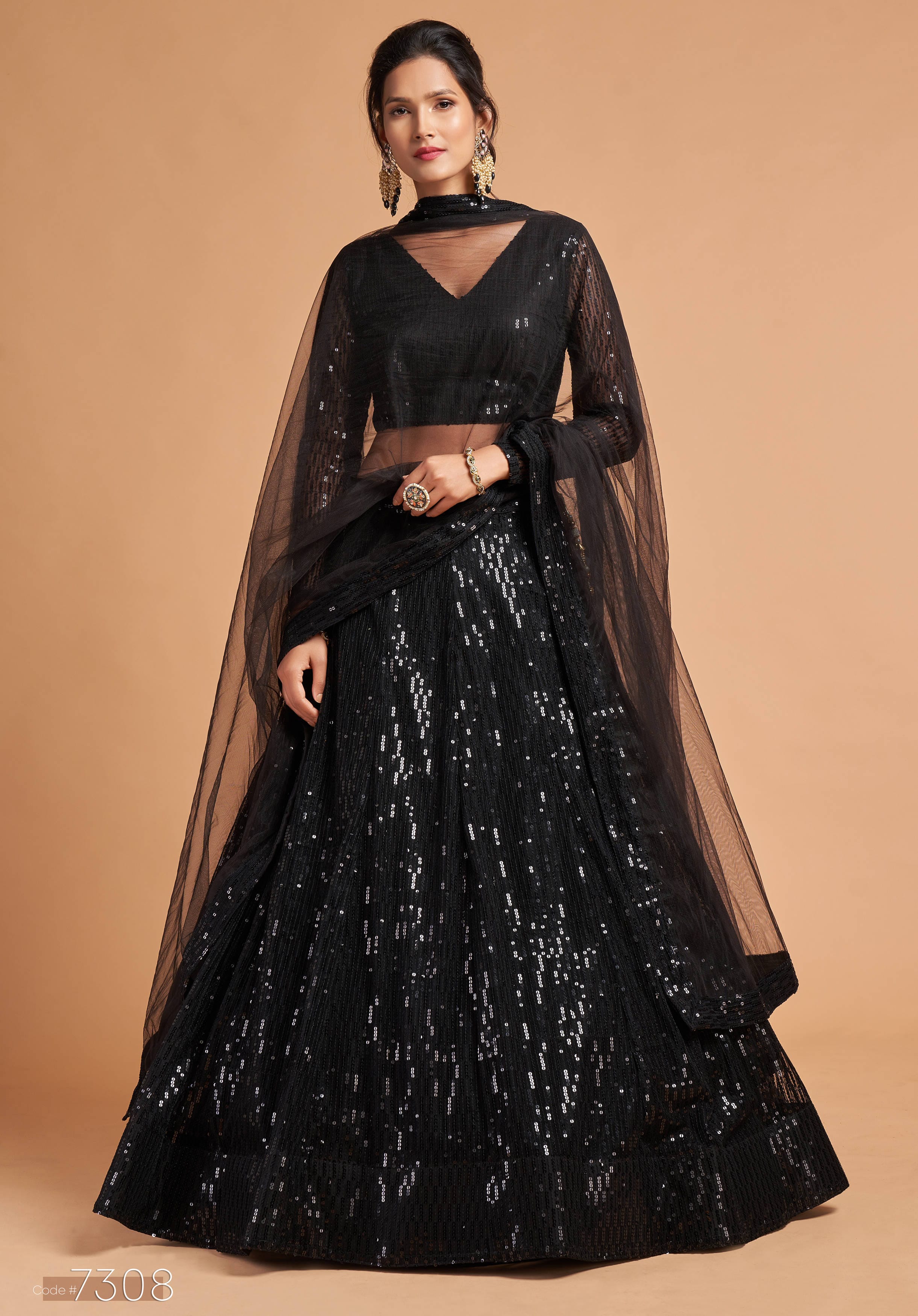 Black Soft Net Sequins Lehenga Set with Thread and Multi Sequins Embroidery