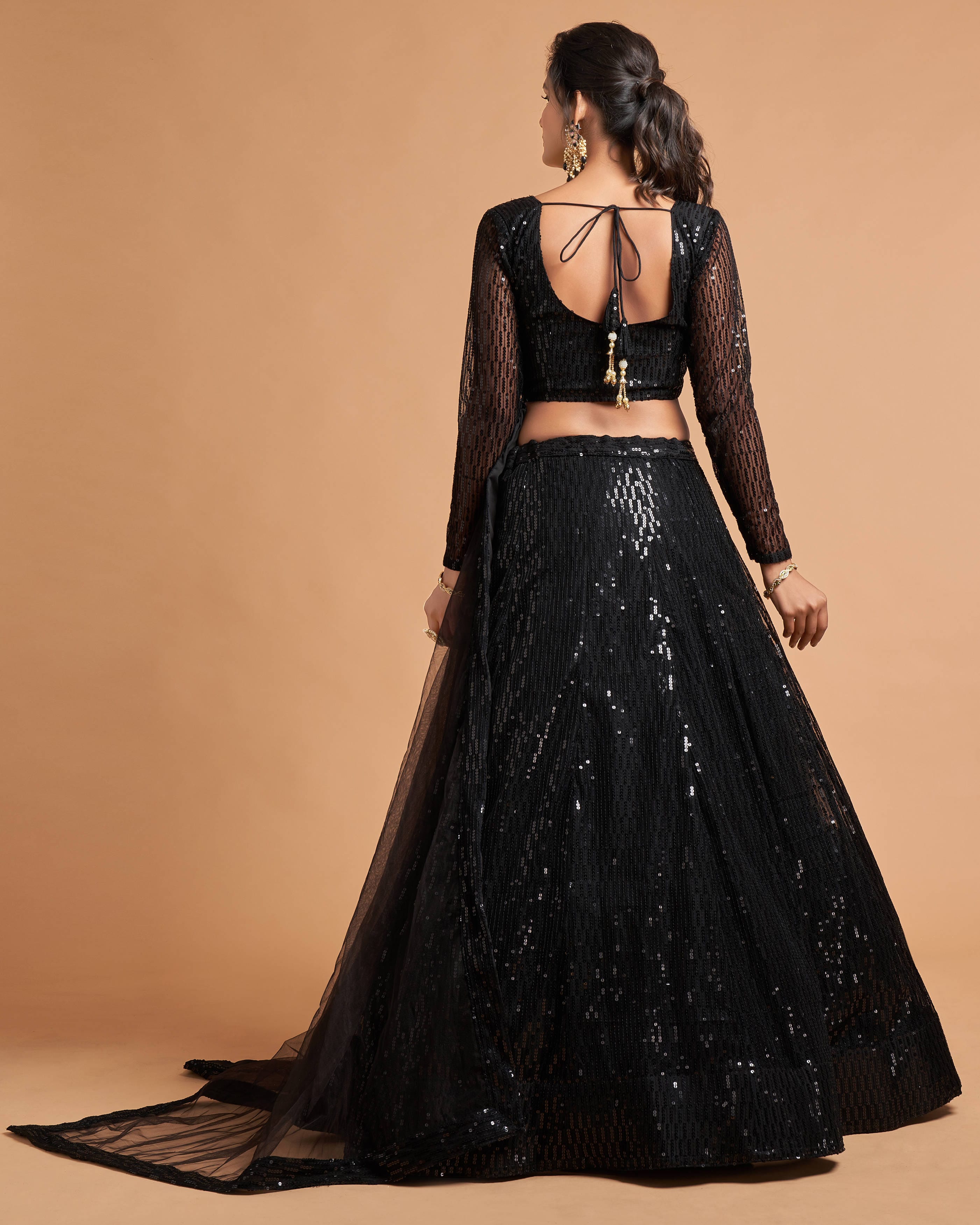 Black Soft Net Sequins Lehenga Set with Thread and Multi Sequins Embroidery