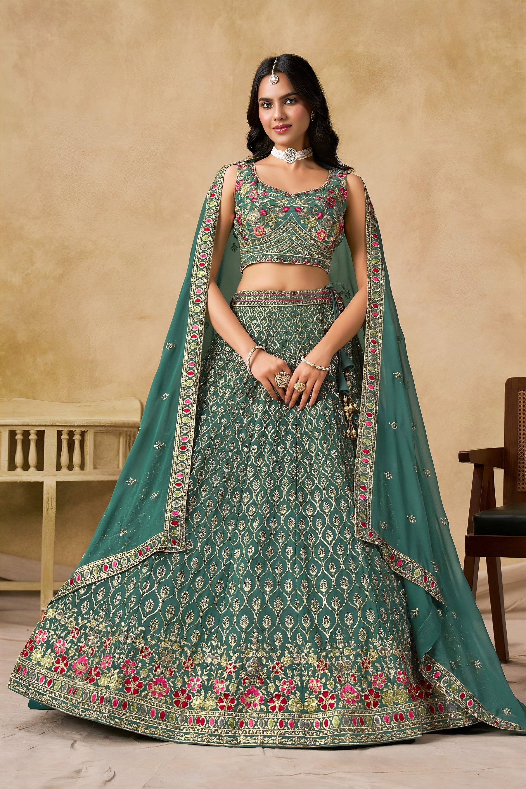 Georgette Zari-Weaving Lehenga Set with Heavy Embroidered Blouse & Dupatta Blue