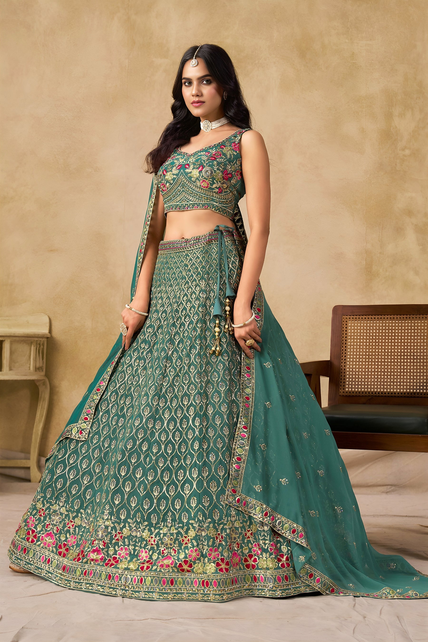 Georgette Zari-Weaving Lehenga Set with Heavy Embroidered Blouse & Dupatta Blue