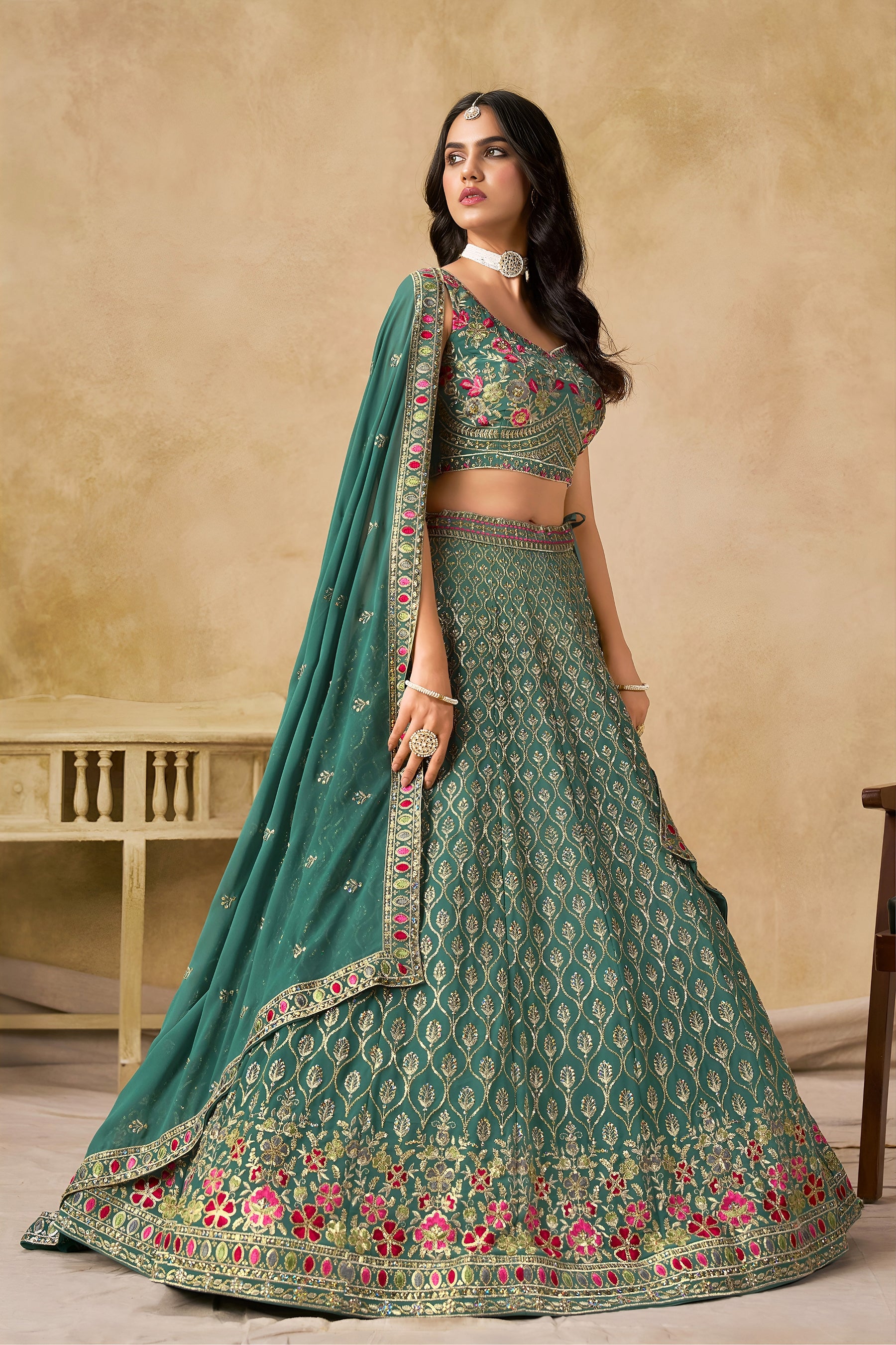 Georgette Zari-Weaving Lehenga Set with Heavy Embroidered Blouse & Dupatta Blue
