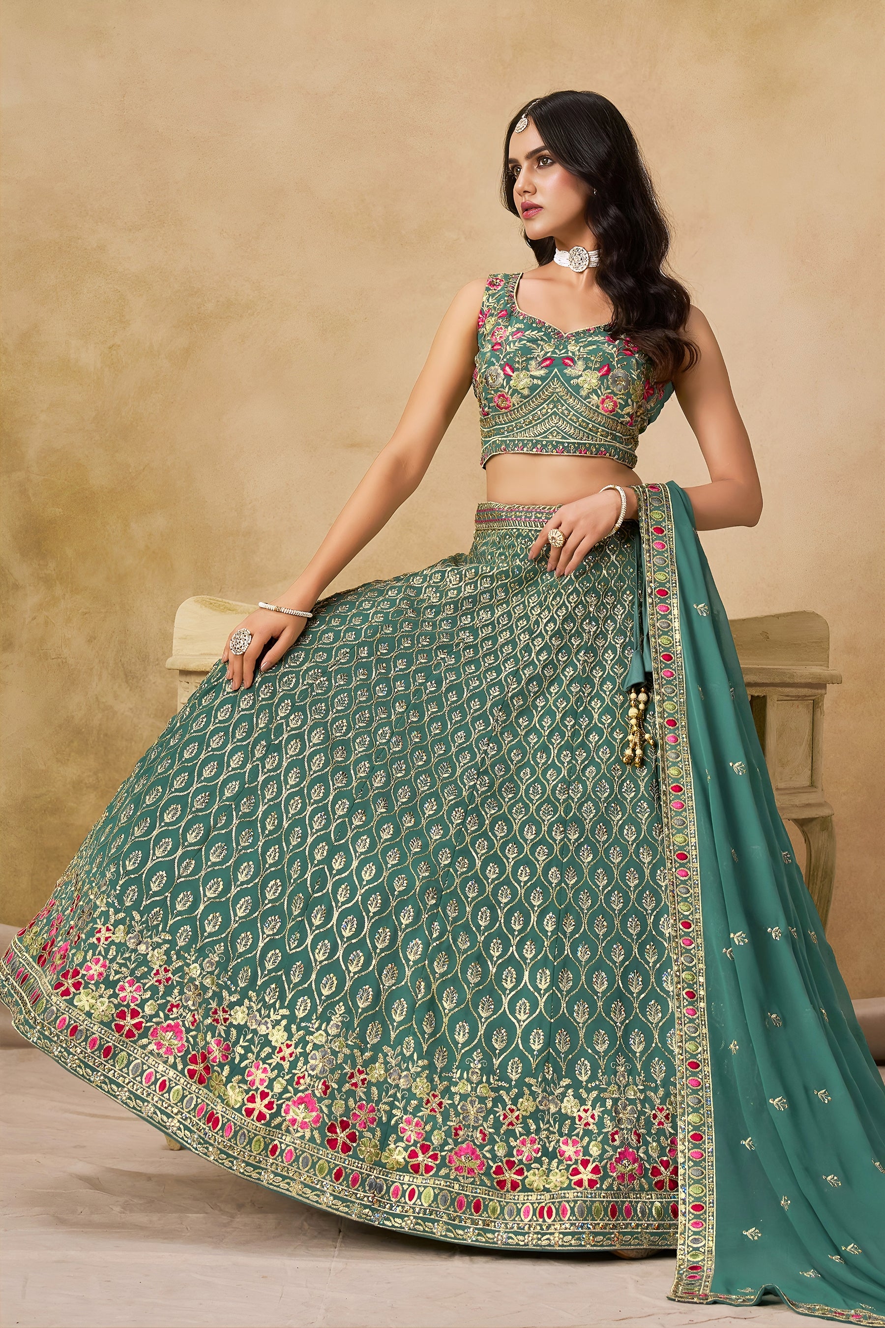 Georgette Zari-Weaving Lehenga Set with Heavy Embroidered Blouse & Dupatta Blue