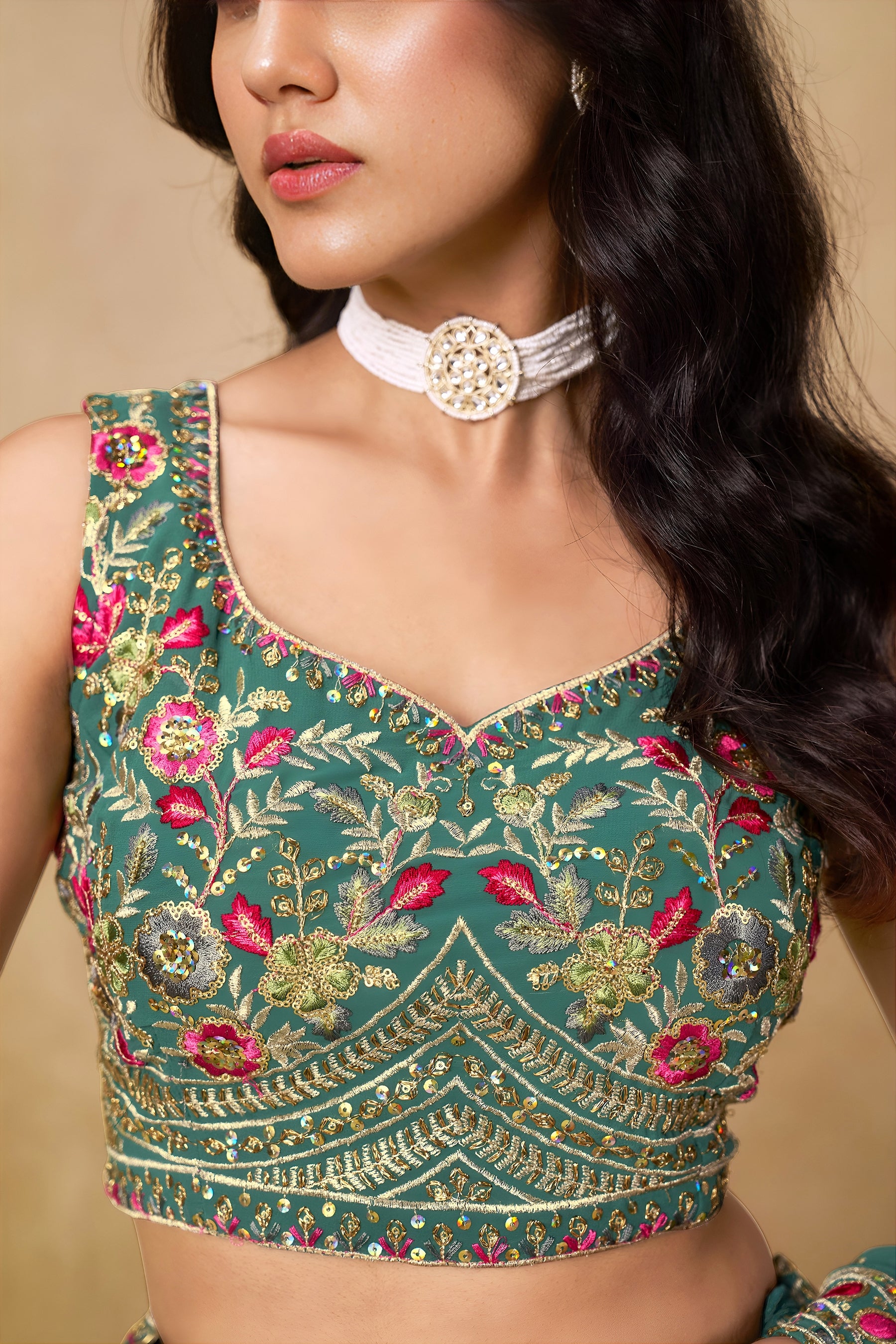 Georgette Zari-Weaving Lehenga Set with Heavy Embroidered Blouse & Dupatta Blue