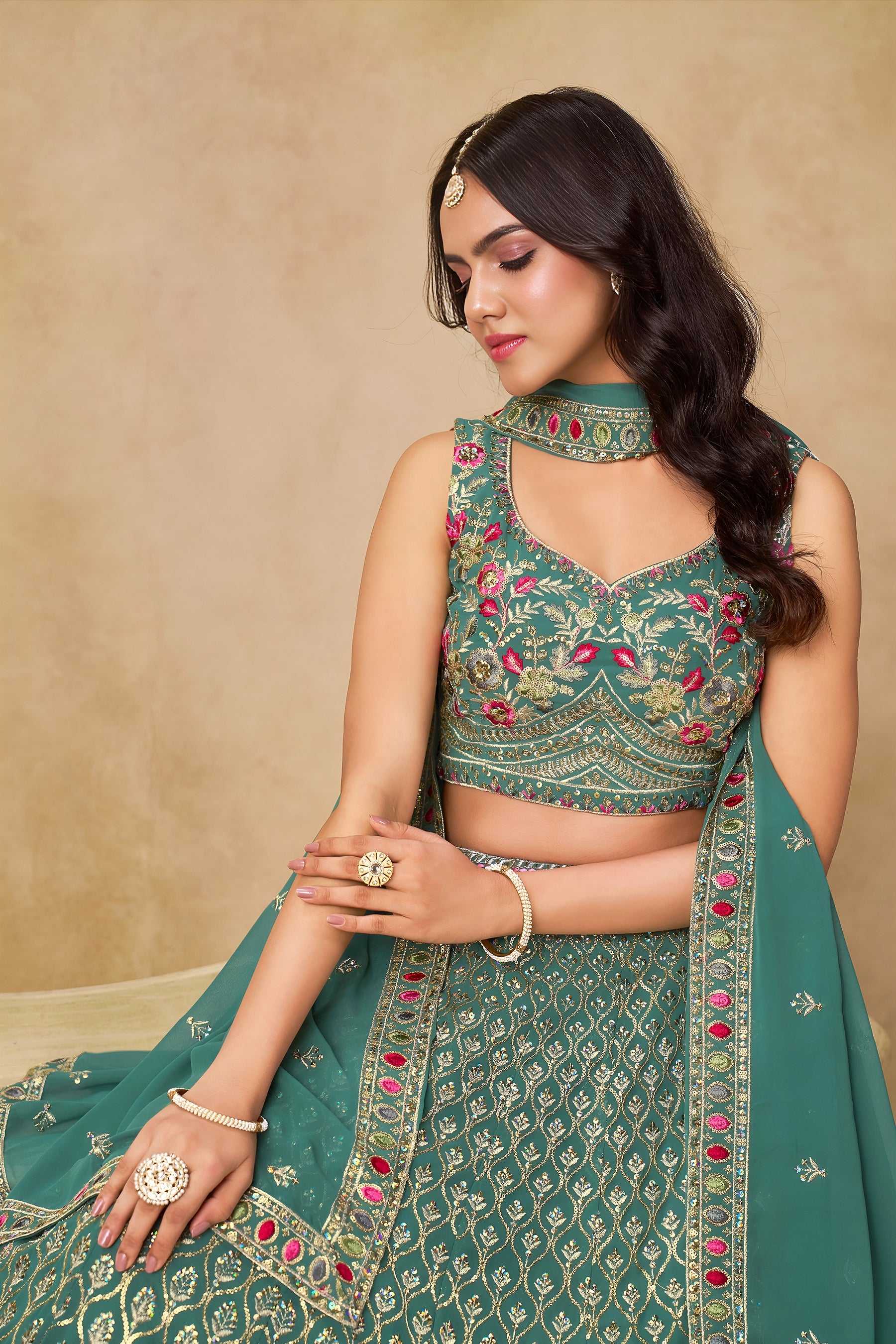 Georgette Zari-Weaving Lehenga Set with Heavy Embroidered Blouse & Dupatta Blue