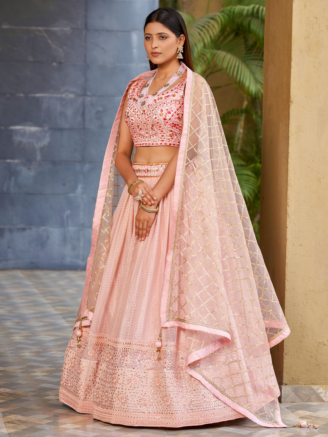 Blush Pink Georgette Lehenga Choli with Sequin Work and Soft Net Dupatta