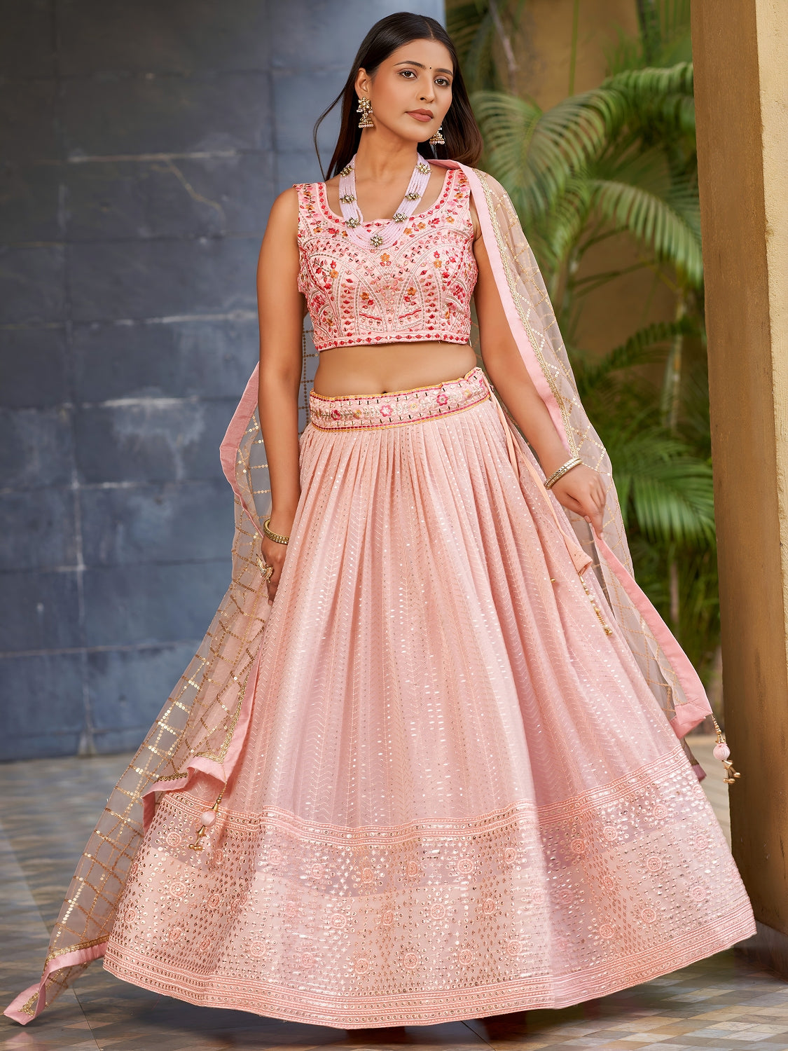 Blush Pink Georgette Lehenga Choli with Sequin Work and Soft Net Dupatta