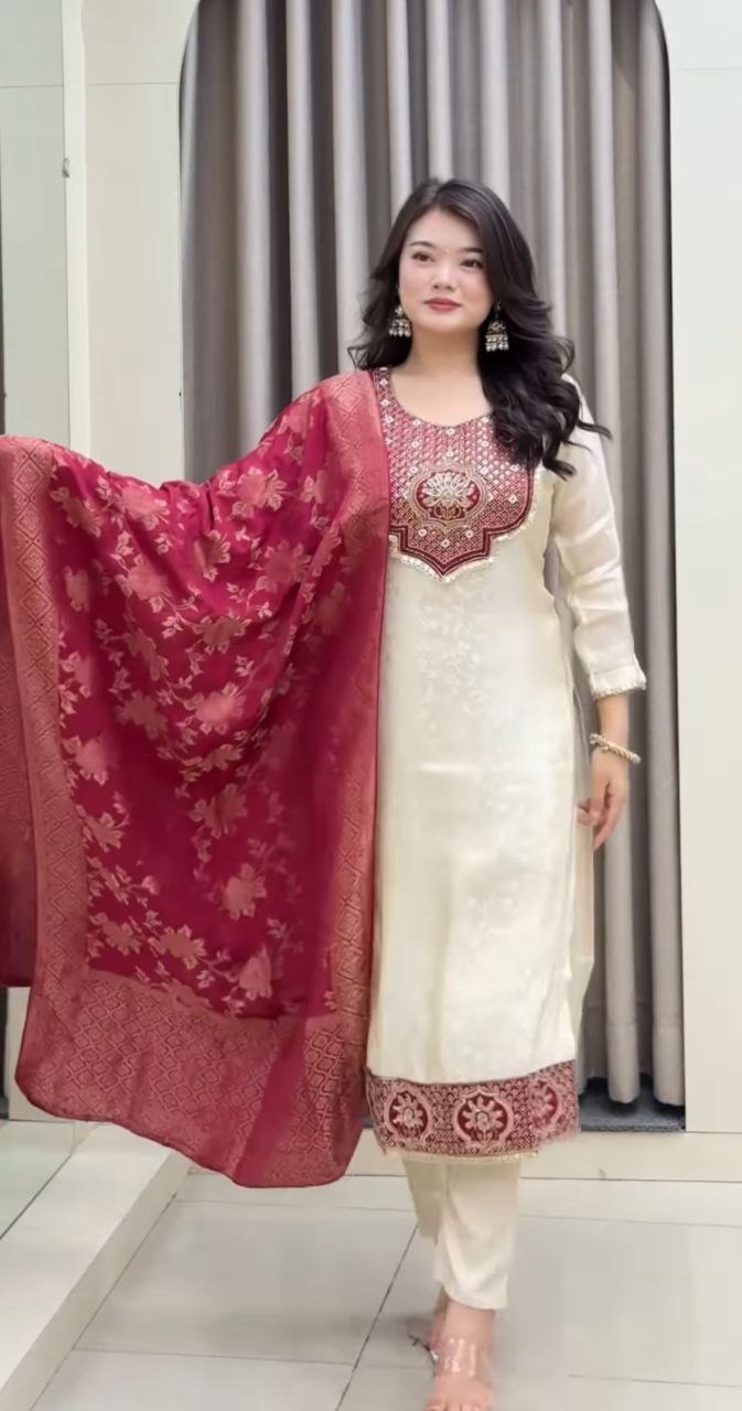 Designer Banarasi Suit Set with Zari Jacquard Dupatta | Festiwo Ethnic Wear