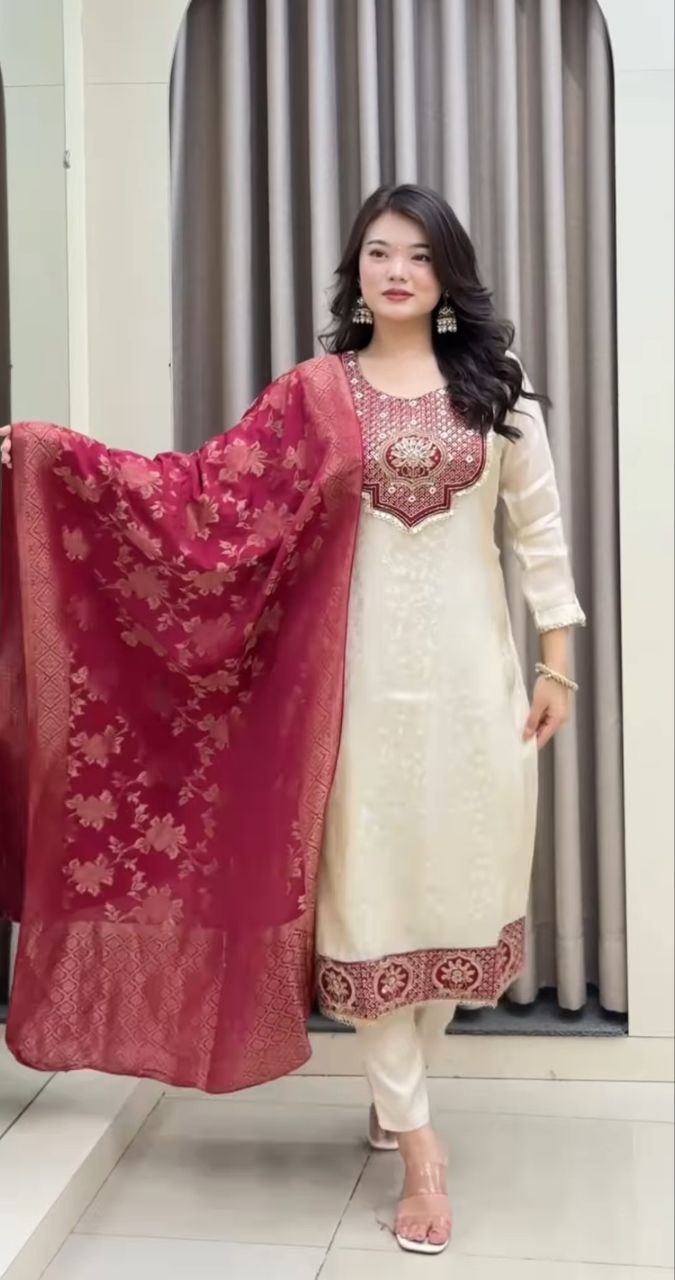 Designer Banarasi Suit Set with Zari Jacquard Dupatta | Festiwo Ethnic Wear