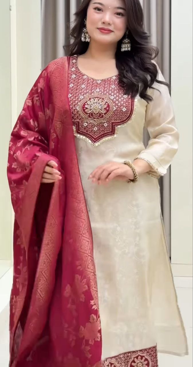 Designer Banarasi Suit Set with Zari Jacquard Dupatta | Festiwo Ethnic Wear