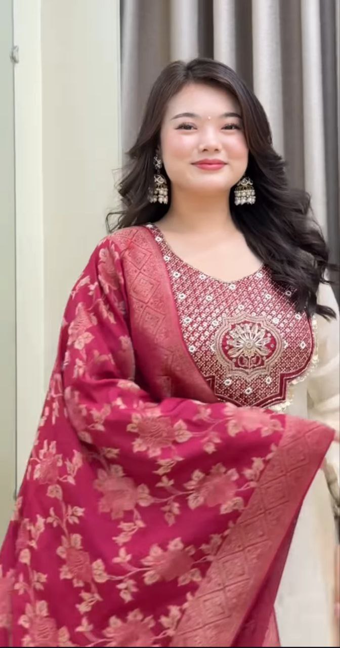 Designer Banarasi Suit Set with Zari Jacquard Dupatta | Festiwo Ethnic Wear