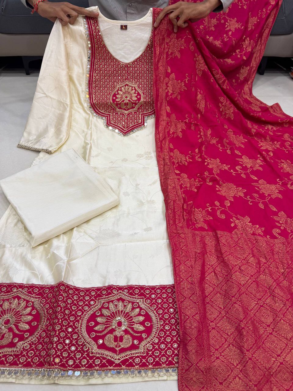 Designer Banarasi Suit Set with Zari Jacquard Dupatta | Festiwo Ethnic Wear