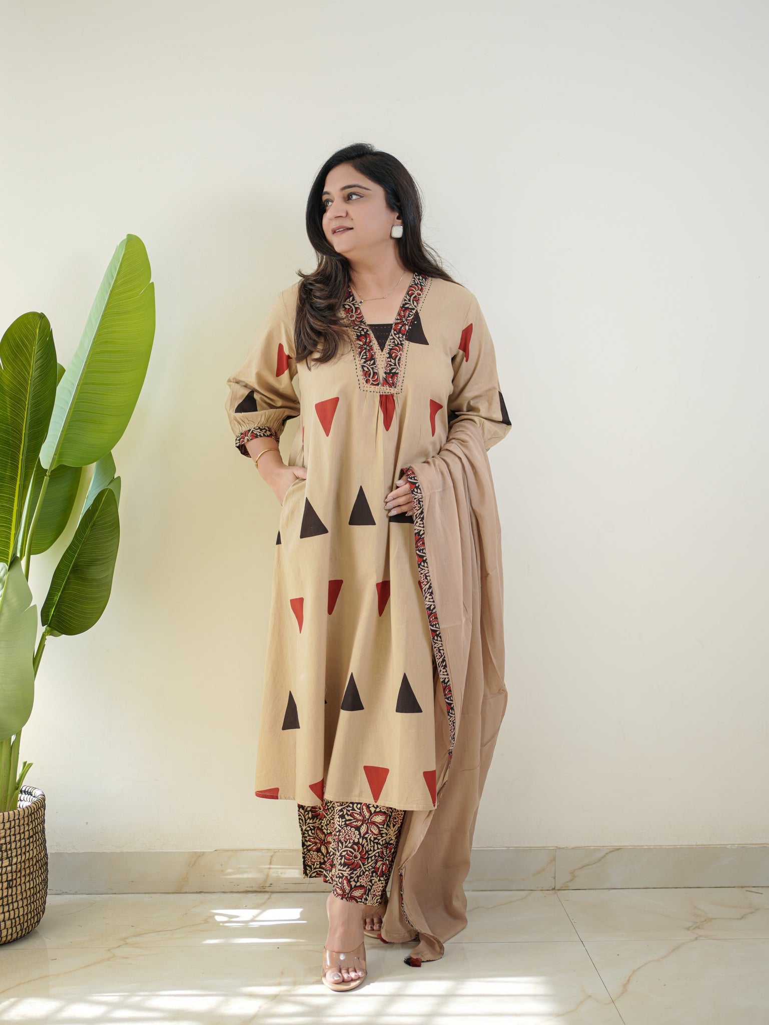 Designer Kalamkari Print Cotton Suit Set with Dupatta – Ajarakh Pure Cotton Top Pant Set