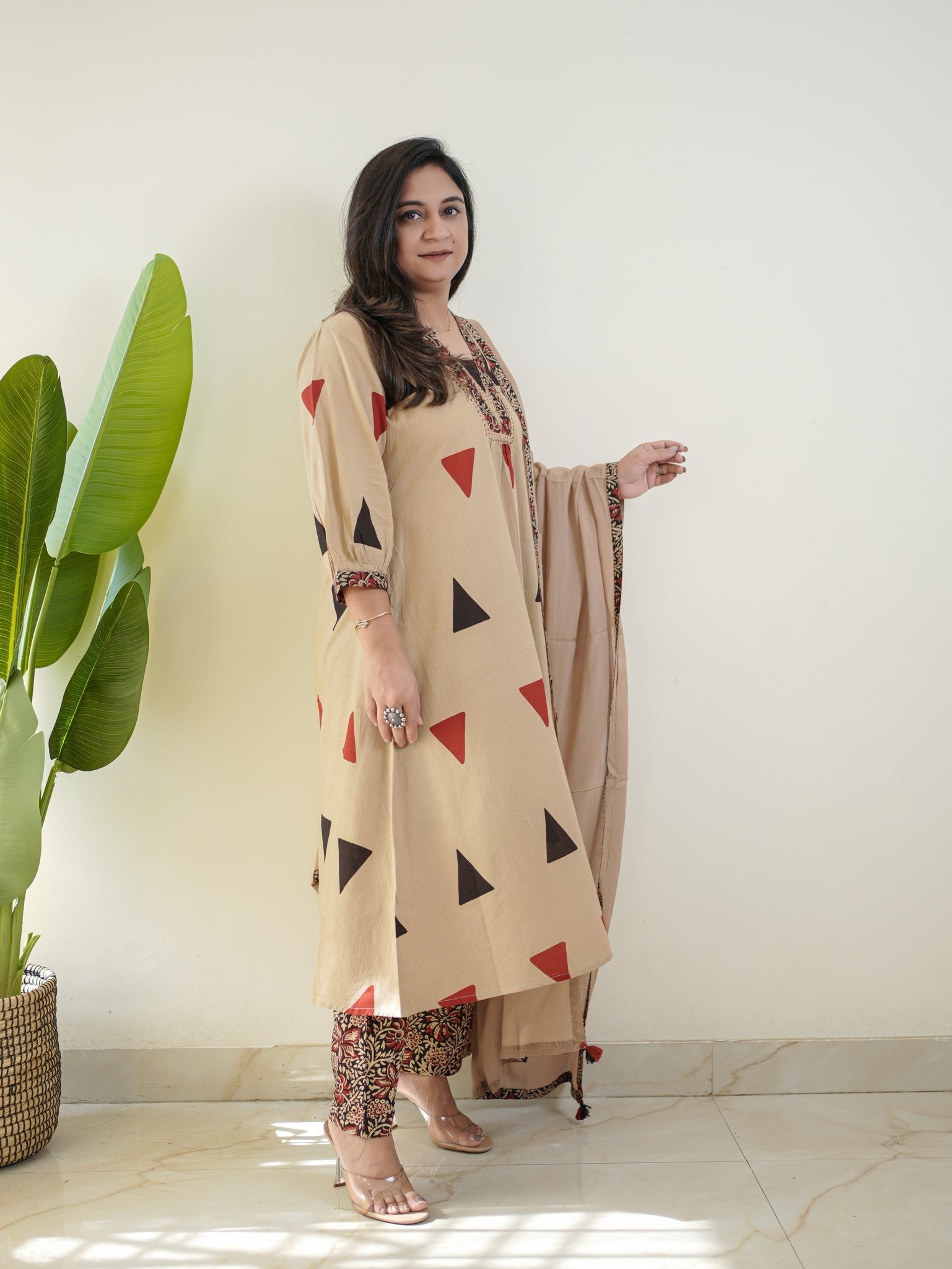 Designer Kalamkari Print Cotton Suit Set with Dupatta – Ajarakh Pure Cotton Top Pant Set