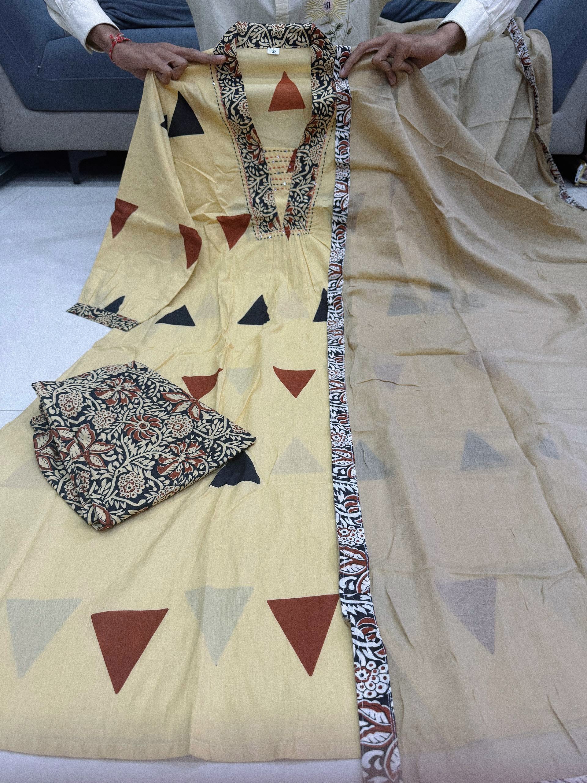 Designer Kalamkari Print Cotton Suit Set with Dupatta – Ajarakh Pure Cotton Top Pant Set