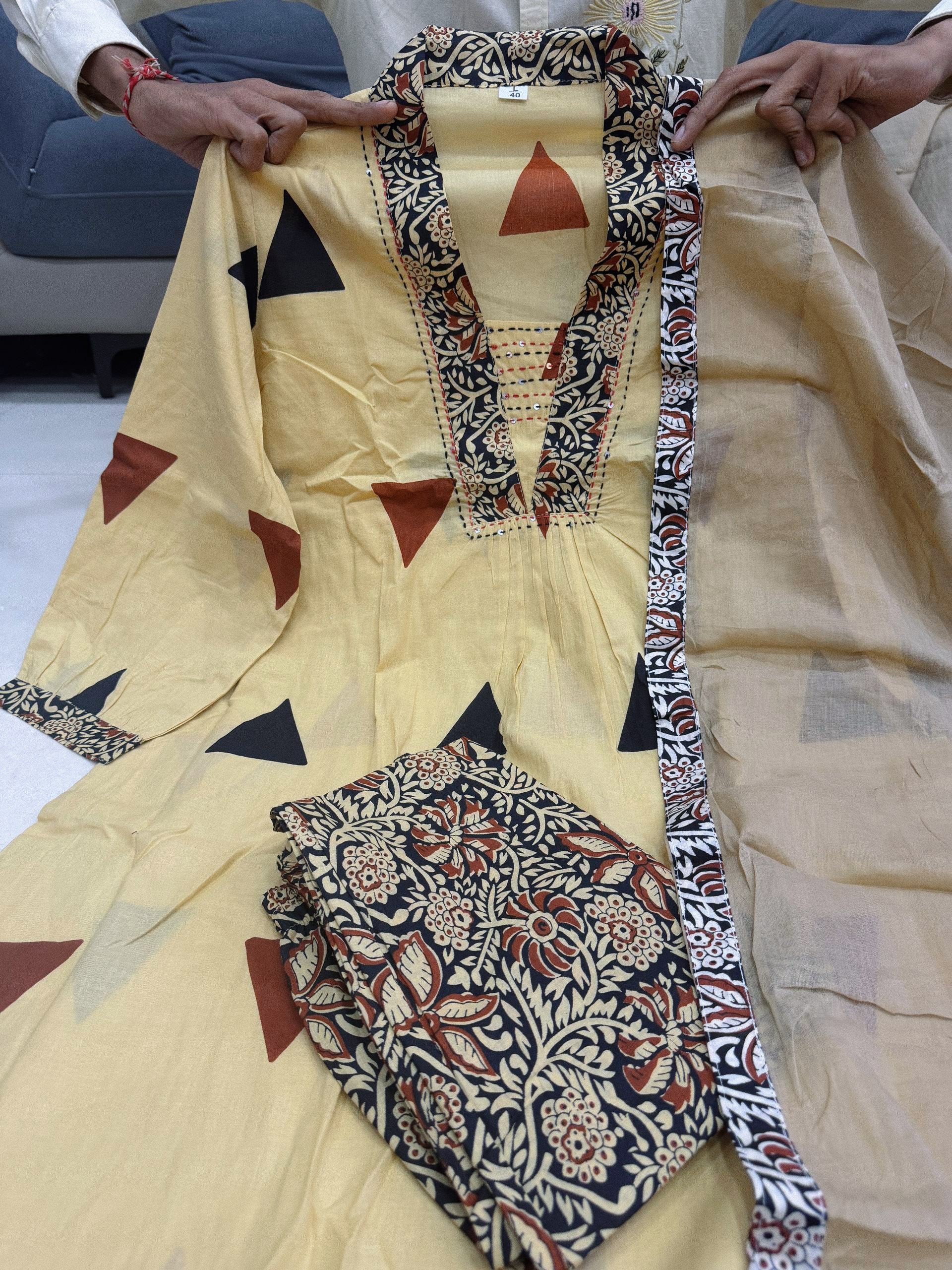 Designer Kalamkari Print Cotton Suit Set with Dupatta – Ajarakh Pure Cotton Top Pant Set