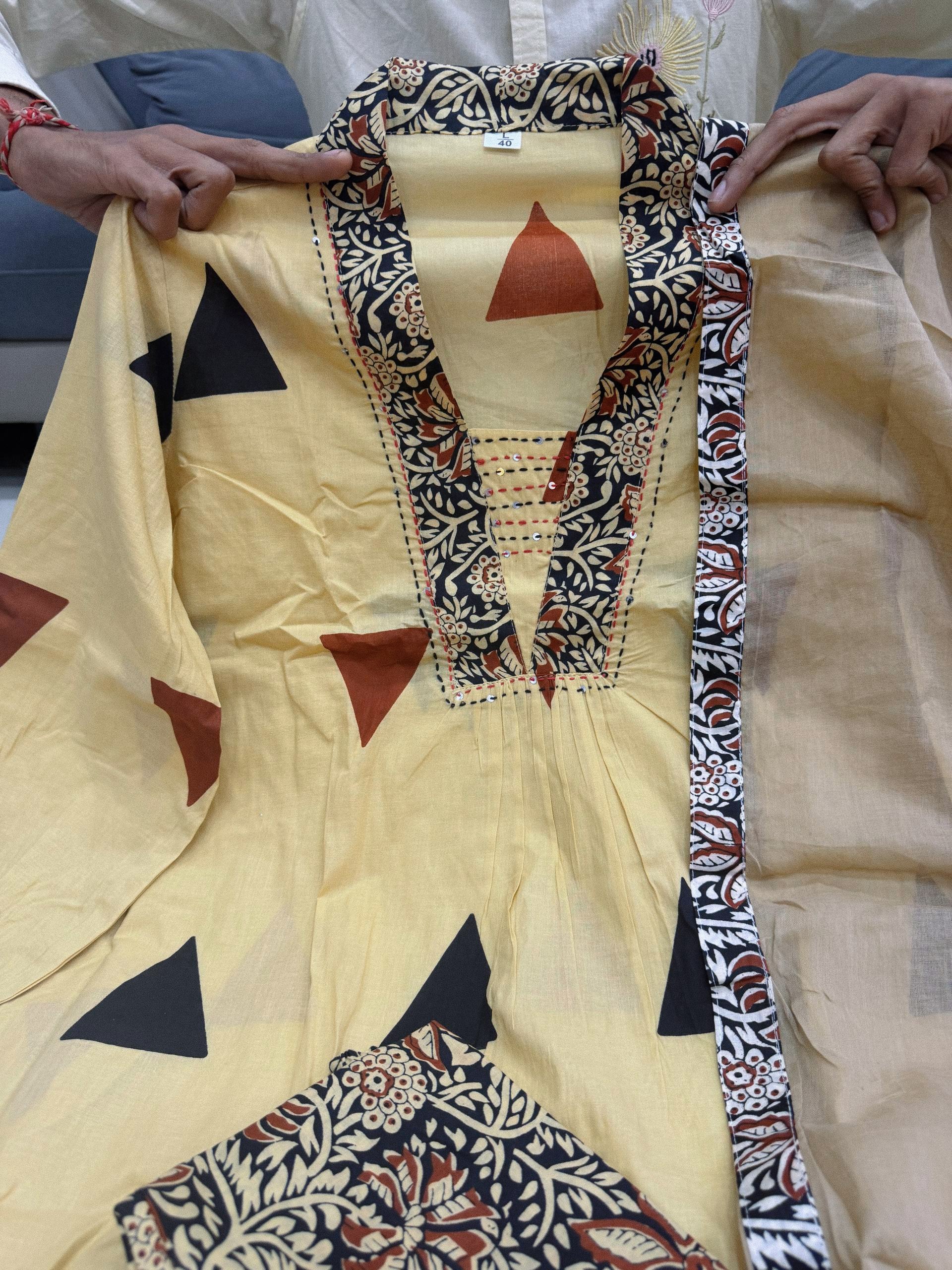 Designer Kalamkari Print Cotton Suit Set with Dupatta – Ajarakh Pure Cotton Top Pant Set