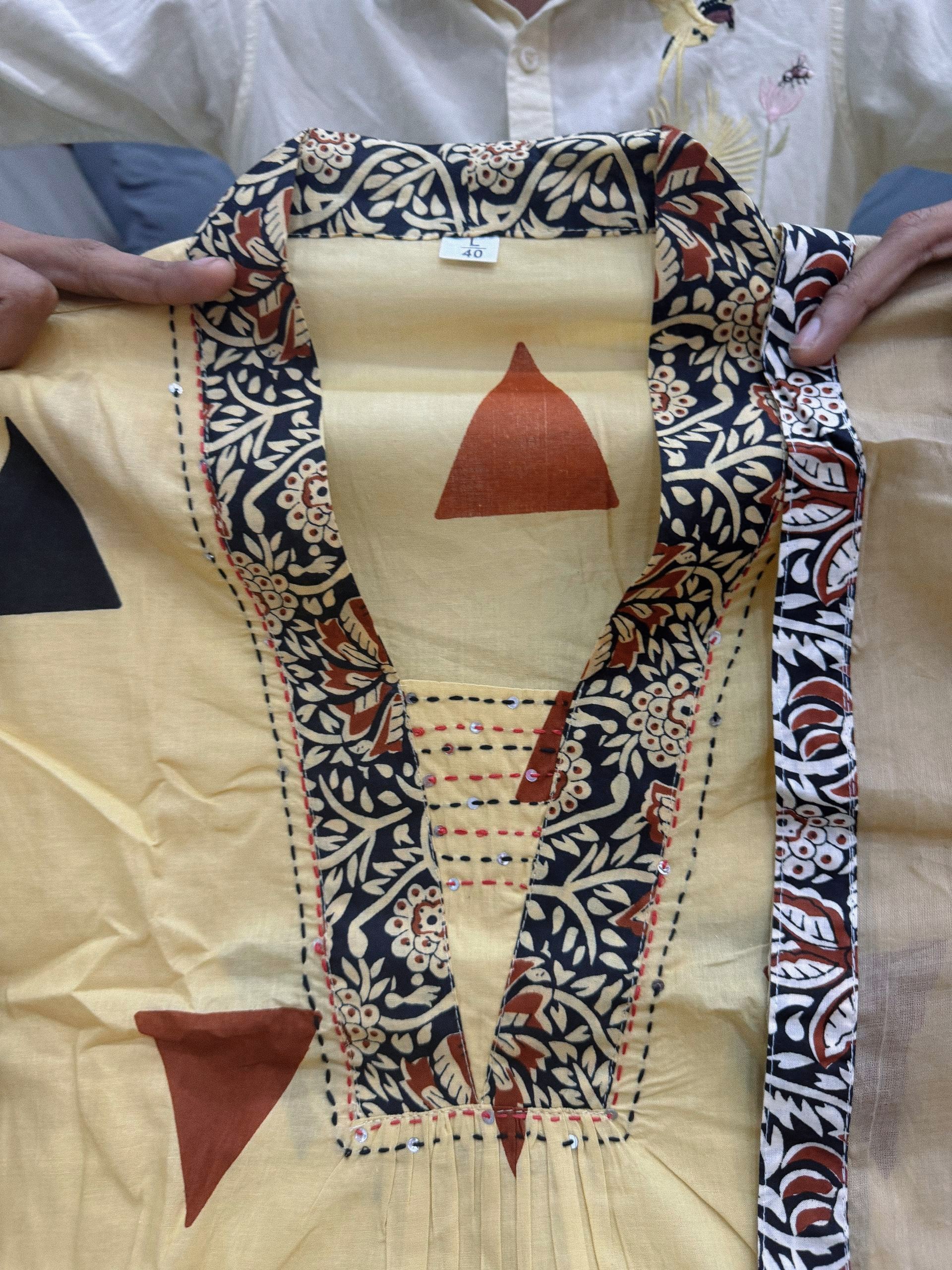 Designer Kalamkari Print Cotton Suit Set with Dupatta – Ajarakh Pure Cotton Top Pant Set