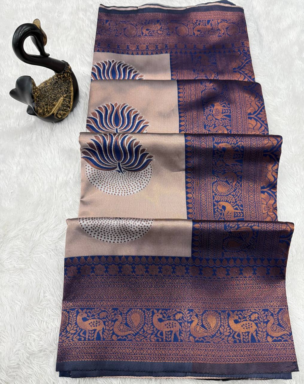 Elegant Banarasi Soft Silk Saree with Peacock & Floral Weaving Border blue