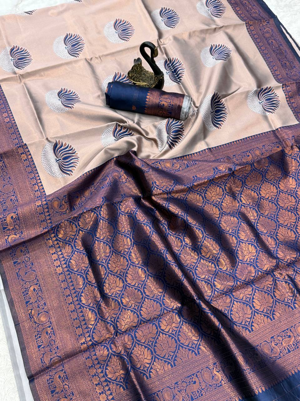 Elegant Banarasi Soft Silk Saree with Peacock & Floral Weaving Border blue