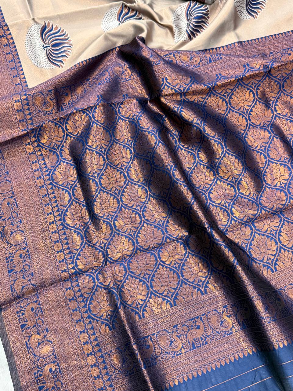 Elegant Banarasi Soft Silk Saree with Peacock & Floral Weaving Border blue