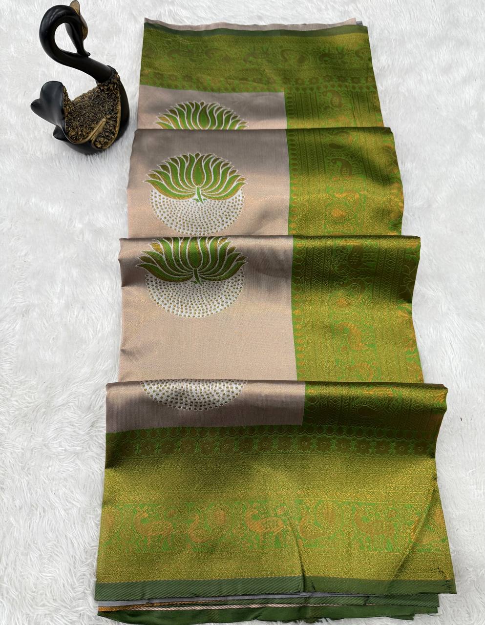 Elegant Banarasi Soft Silk Saree with Peacock & Floral Weaving Border green