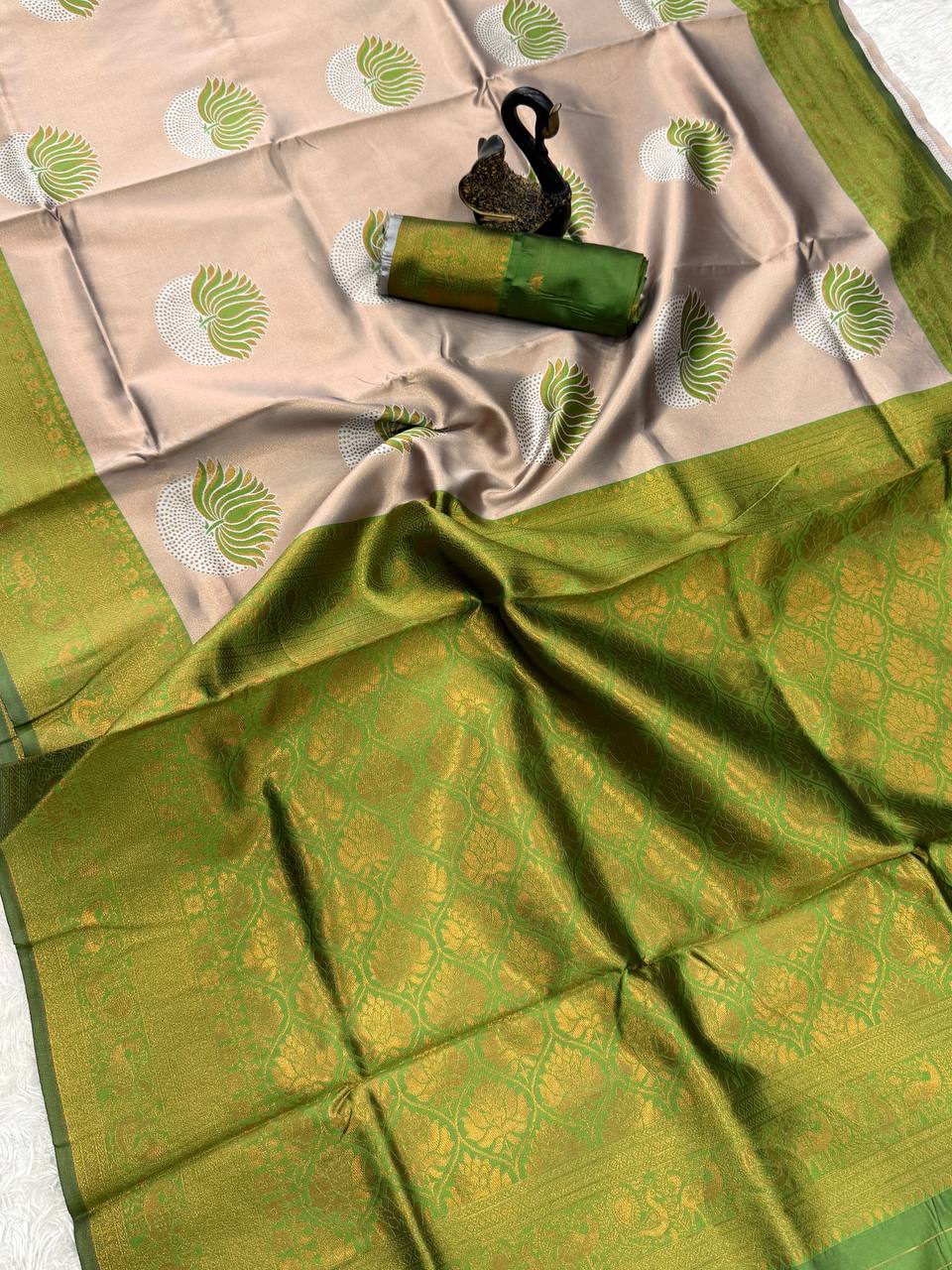 Elegant Banarasi Soft Silk Saree with Peacock & Floral Weaving Border green