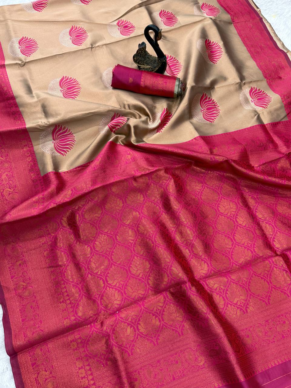 Elegant Banarasi Soft Silk Saree with Peacock & Floral Weaving Border pink